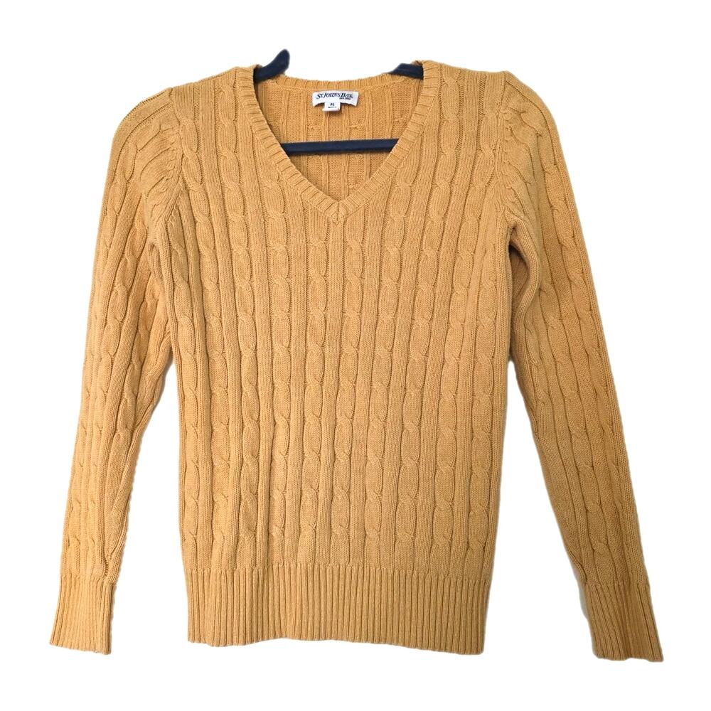 Vintage Yellow Cable Knit Fisherman Sweater Women PS Vneck Preppy Old Money Boho